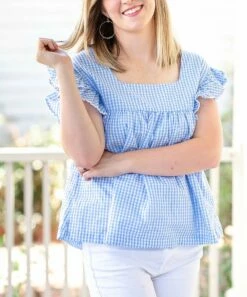 Best deal 🔥 Lil Cactus Light Blue Gingham Ruffle-Sleeve Top - 👩 Women 🧨