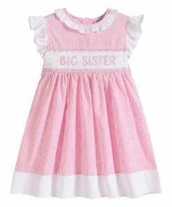 New 🔔 Lil Cactus Pink Stripe 'Big Sister' Smocked Flutter-Sleeve 👗 Dress - 👧 Girls For Kids ⌛