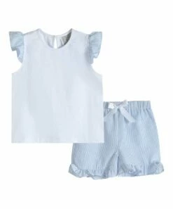 New 😉 Lil Cactus Blue Seersucker Flutter-Sleeve Tee & Ruffle-Hem Shorts - Infant, Toddler & 👧 Girls For Kids 🤩