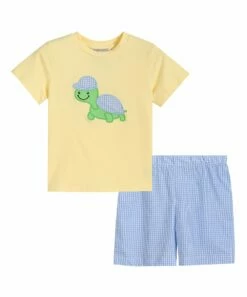 Best deal 🎁 Lil Cactus Yellow Turtle Tee & Blue Gingham Shorts - Boys For Kids 🎁