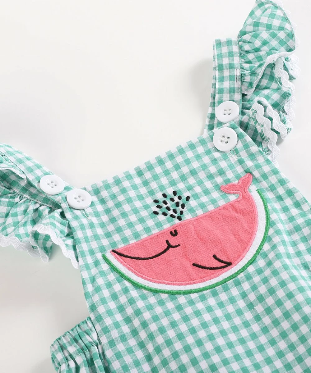 Promo ๐งจ Lil Cactus Green Gingham Watermelon Whale Flutter-Sleeve Romper - Toddler For Kids ๐ - Image 3