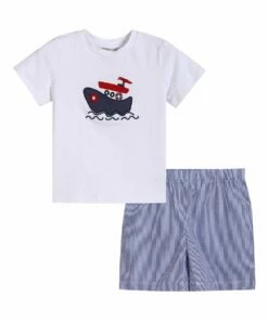 Outlet 🤩 Lil Cactus White Tugboat Tee & Blue Stripe Shorts - Boys For Kids 🤩