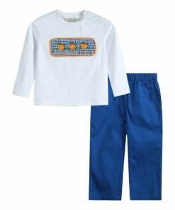 Coupon 😍 Lil Cactus White Pumpkin Smocked Long-Sleeve Top & Blue Pants - Infant, Toddler & Boys For Kids ✔️