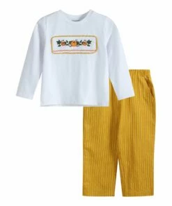 Best Sale ⌛ Lil Cactus White Pumpkin Smocked Long-Sleeve Top & Mustard Pants - Infant, Toddler & Boys For Kids 🧨