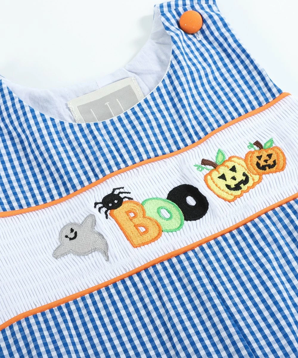 Best deal โ๏ธ Lil Cactus Blue Gingham ๐ Halloween 'Boo' Smocked Button-Shoulder Overalls - Infant For Baby & Maternity โญ - Image 3