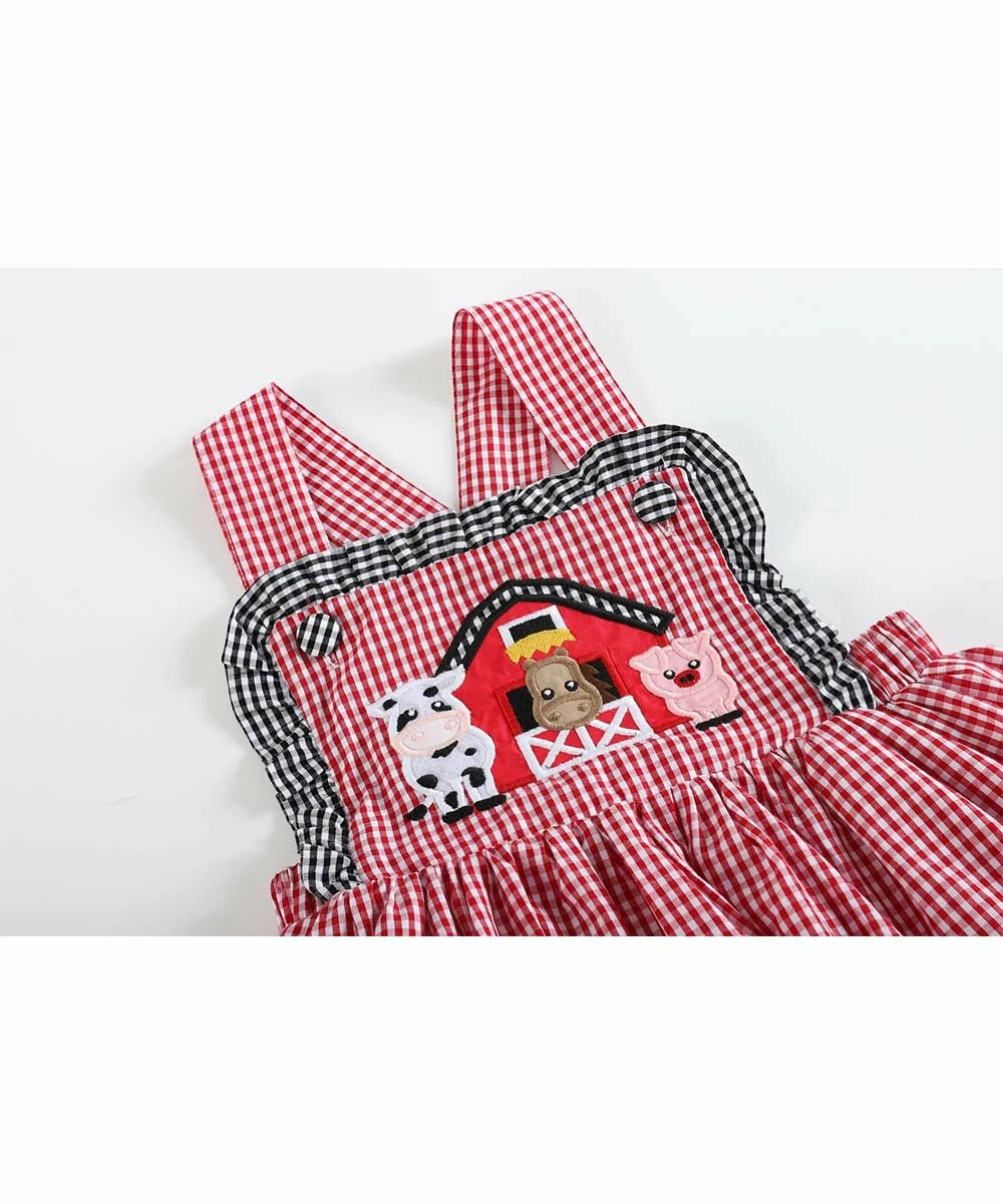 Top 10 ✔️ Lil Cactus Red Gingham Barn Appliqué Jumper 👗 Dress - Infant, Toddler & 👧 Girls For Kids ✨ - Image 3