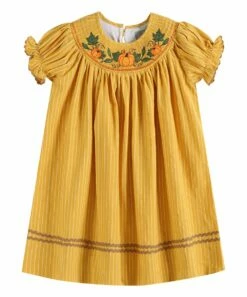 Outlet 🧨 Lil Cactus Mustard Pinstripe Fall Pumpkin Smocked Bishop 👗 Dress - Infant For Baby & Maternity 🛒