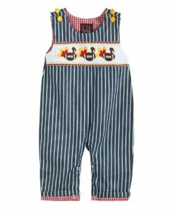 Best Pirce ✔️ Lil Cactus Blue Stripe Turkey Football Smocked Overalls - Infant For Baby & Maternity 🎉
