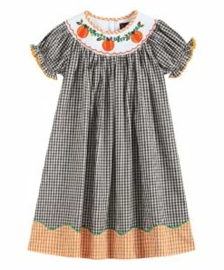 Outlet 🛒 Lil Cactus Brown & Orange Gingham Pumpkin Smocked Bishop 👗 Dress - Infant, Toddler & 👧 Girls For Kids 🌟