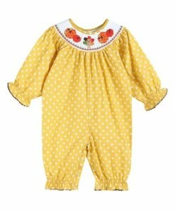 Best deal 😉 Lil Cactus Mustard Polka Dot Turkey Smocked Bubble Playsuit - Infant & Toddler For Kids 💯