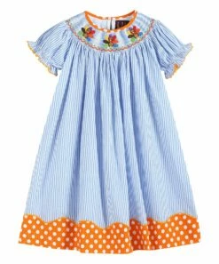 Coupon 🎉 Lil Cactus Blue & Orange Stripe Turkeys Smocked Bishop 👗 Dress - Infant For Baby & Maternity 😀