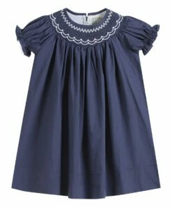 Hot Sale ⭐ Lil Cactus Navy Blue & White Smocked Bishop 👗 Dress - Infant For Kids 🔥