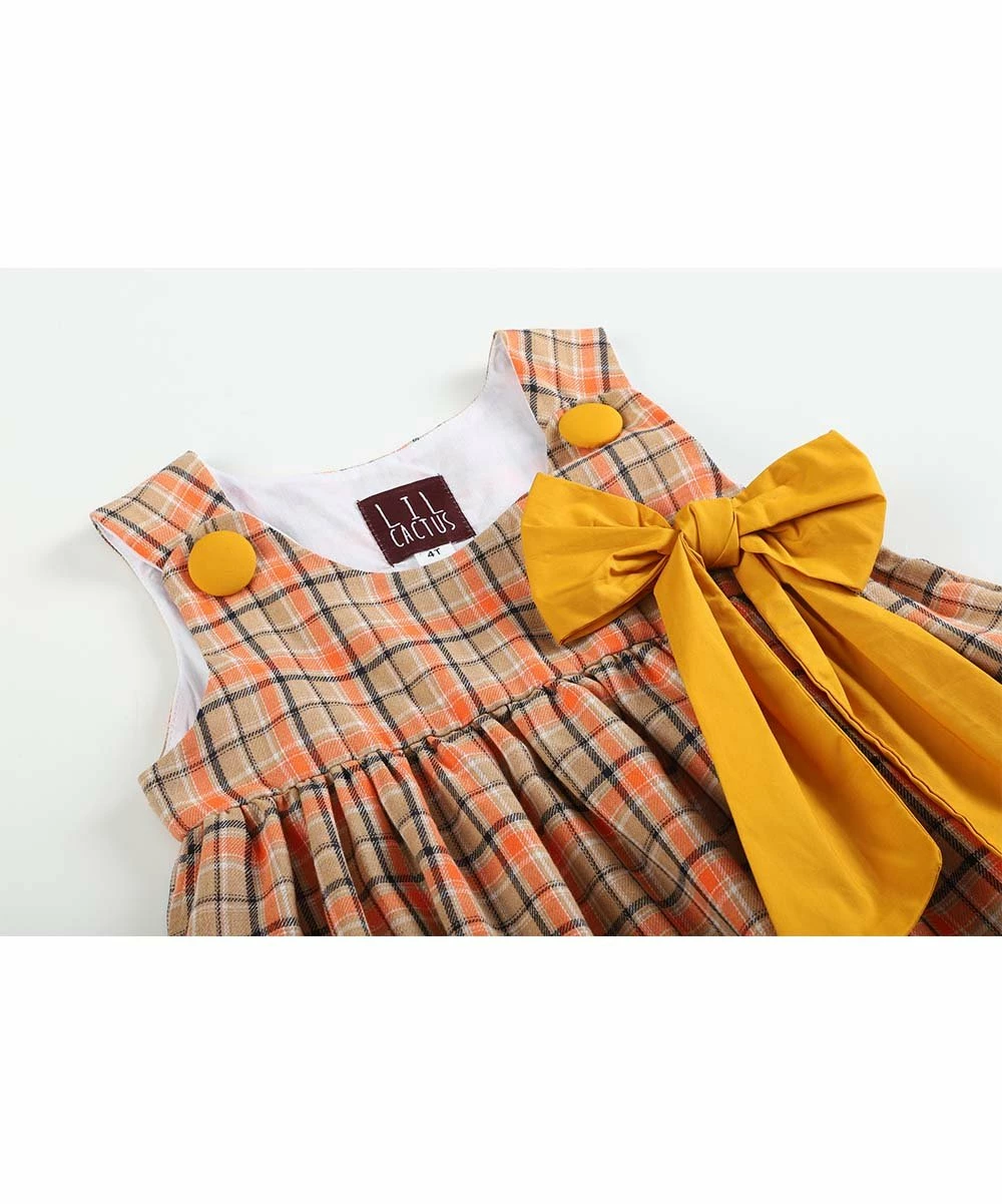 Best deal 🌟 Lil Cactus Brown & Mustard Plaid Turkey Bow Corduroy 👗 Dress - Infant For Baby & Maternity 🎁 - Image 2