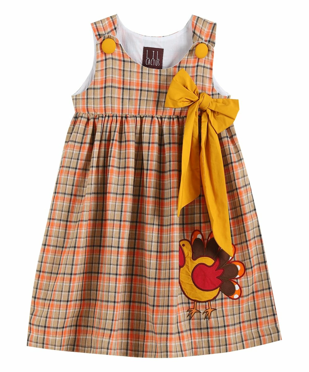 Best deal 🌟 Lil Cactus Brown & Mustard Plaid Turkey Bow Corduroy 👗 Dress - Infant For Baby & Maternity 🎁