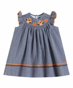 Deals 🥰 Lil Cactus Stone Blue Stripe Turkey Smocked Angel-Sleeve 👗 Dress - Infant & 👧 Girls For Kids 🧨