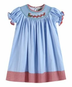 Best Sale 💯 Lil Cactus Light Blue Santa & Sleigh Smocked Bishop 👗 Dress - Infant & 👧 Girls For Kids 🥰