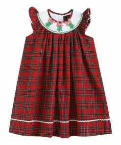 Best Sale 🛒 Lil Cactus Red & Green Plaid Tree Smocked Angel-Sleeve 👗 Dress - Infant, Toddler & 👧 Girls For Kids 🎉