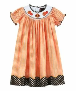 Buy ⭐ Lil Cactus Orange & Brown Gingham Turkey Smocked Bishop 👗 Dress - Infant For Kids ✔️
