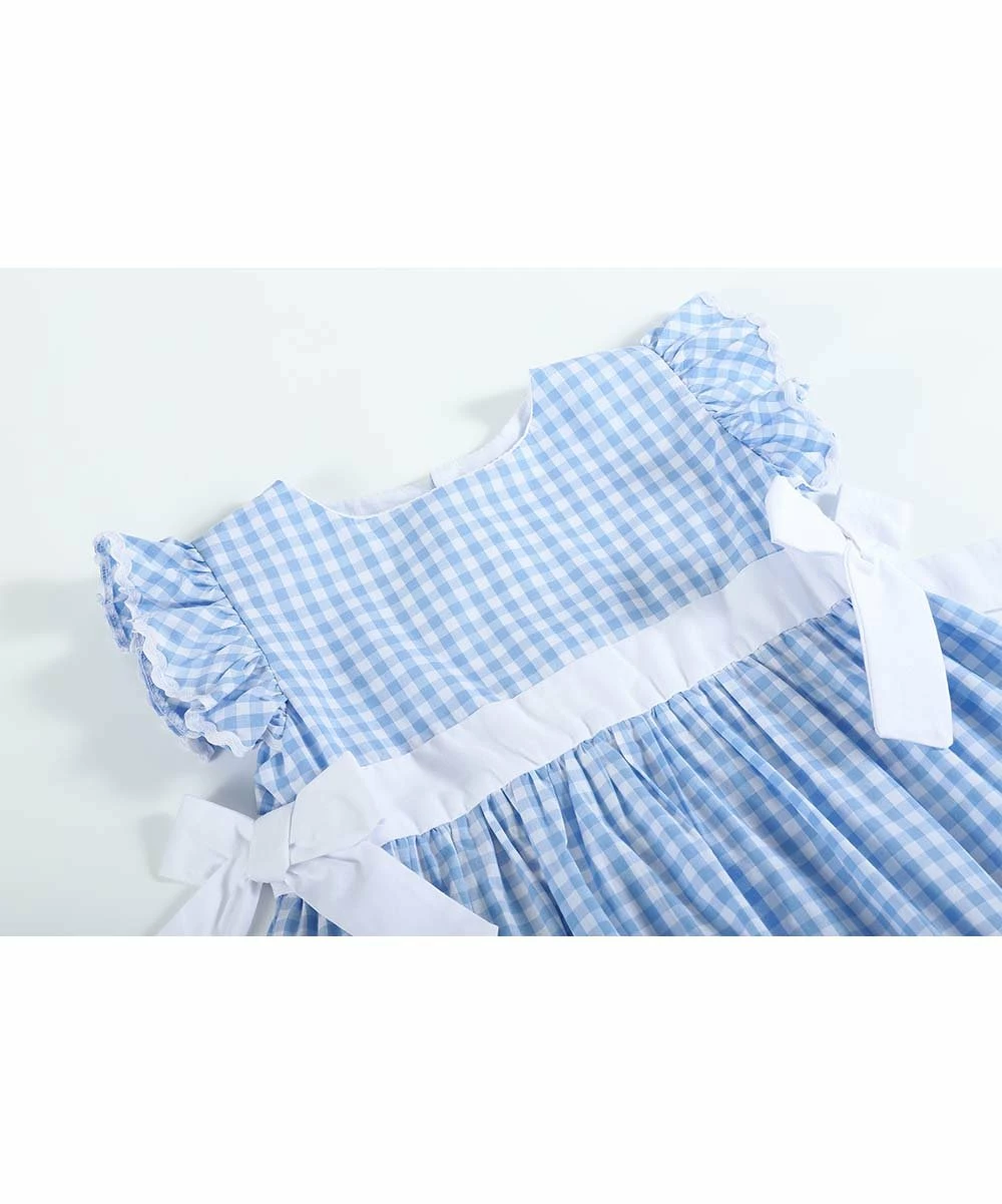 Buy 😍 Lil Cactus Light Blue Gingham Bow-Accent Angel-Sleeve 👗 Dress - Infant, Toddler & 👧 Girls For Kids ✨ - Image 3