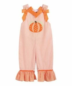 Cheapest 😉 Lil Cactus Orange Seersucker & Gingham Pumpkin Bow-Accent Ruffle Overalls - Infant & Toddler For Kids ⌛
